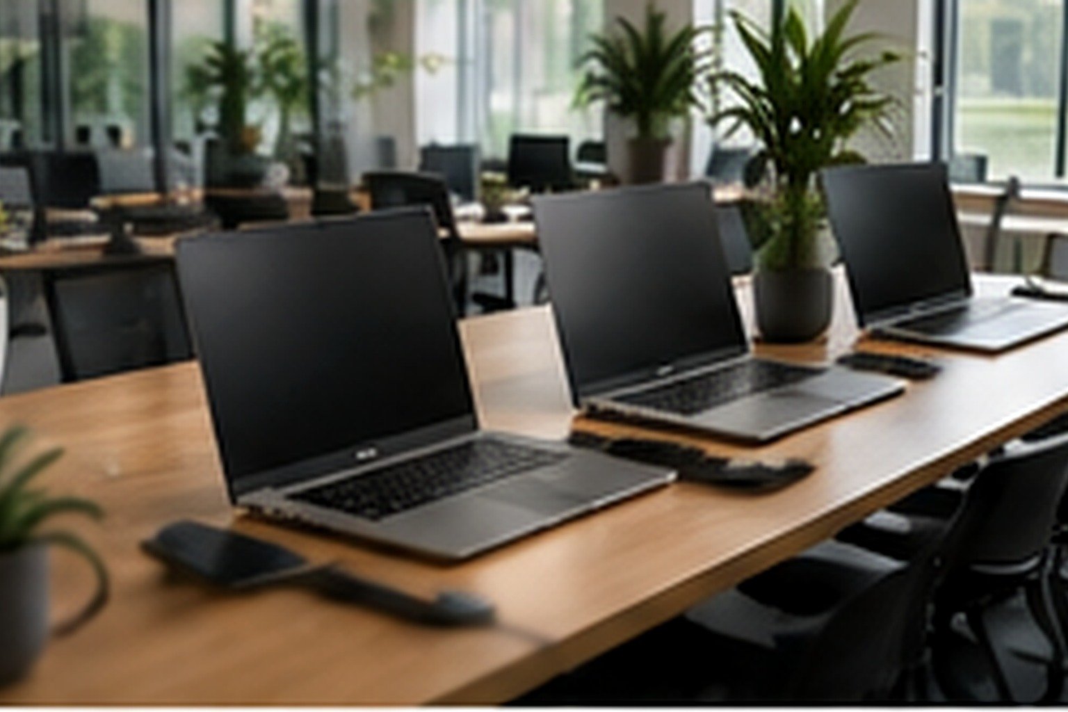 A small UK business team working on matching professional laptops in a modern office, warm natural light, no logos or text.