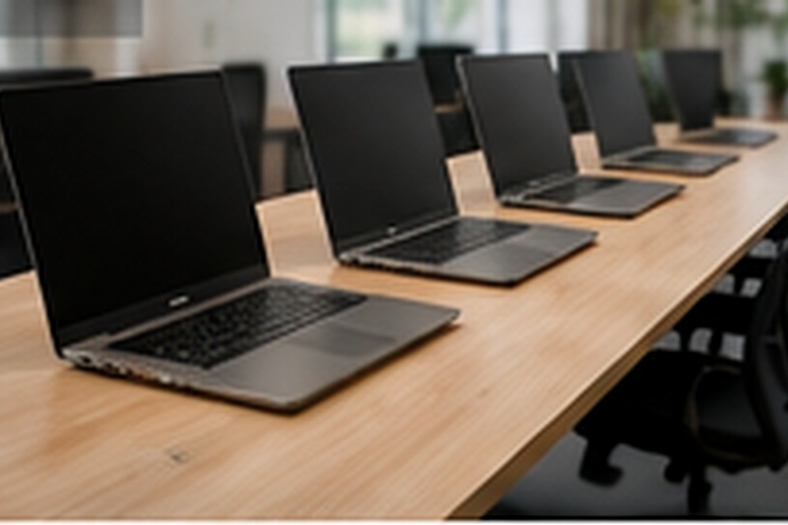 High quality corporate photo of several business laptops ready for staff deployment in a UK office, clean desk, bright neutral setting, no branding or text.