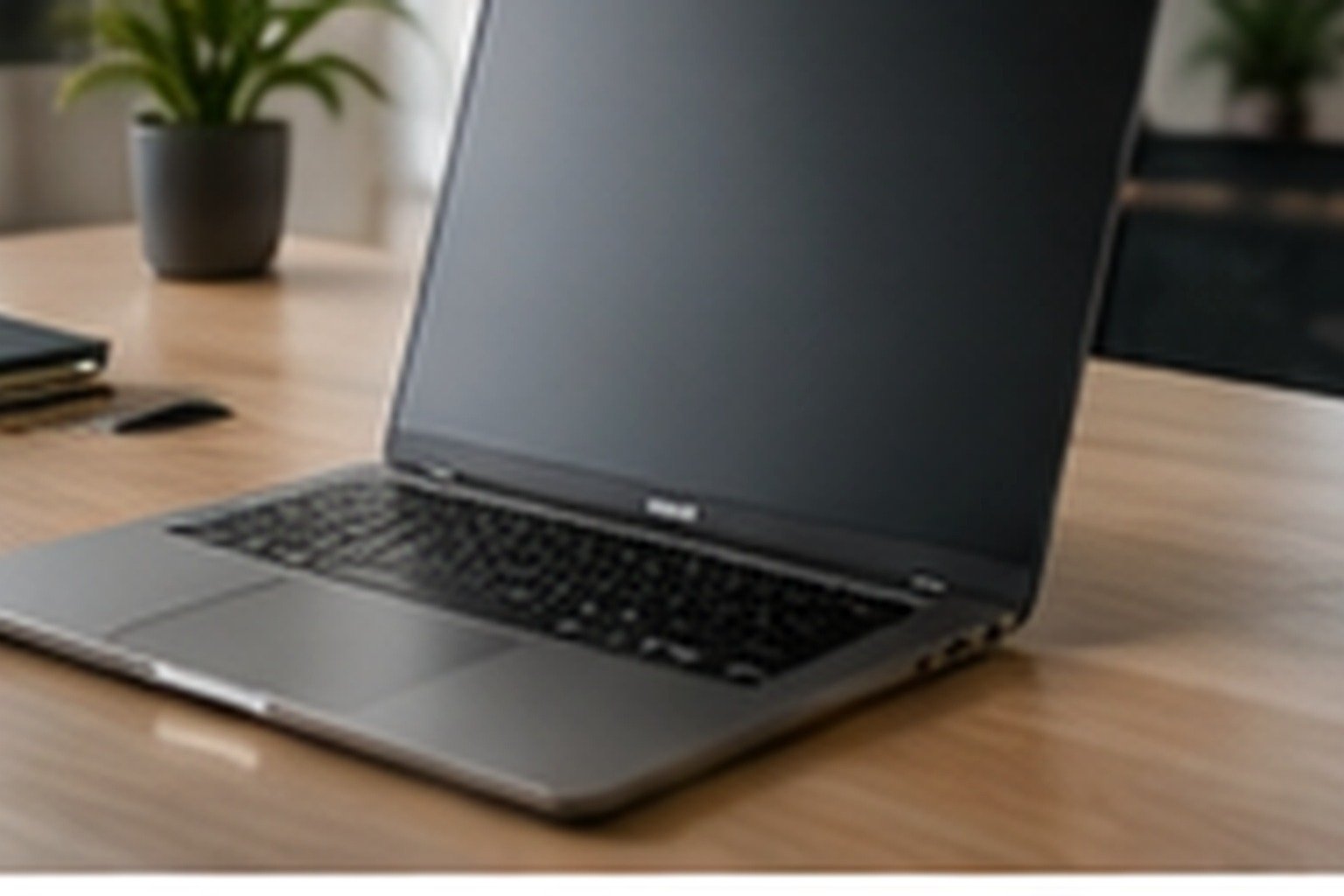 A welcoming new employee at a clean office desk with laptop and monitor ready to use, professional UK workplace, no text.