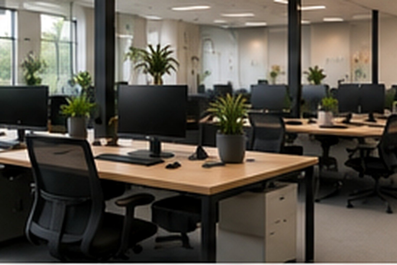 Stylish temporary office setup with multiple desks, business laptops and monitors ready for employees, modern clean interior, no text.