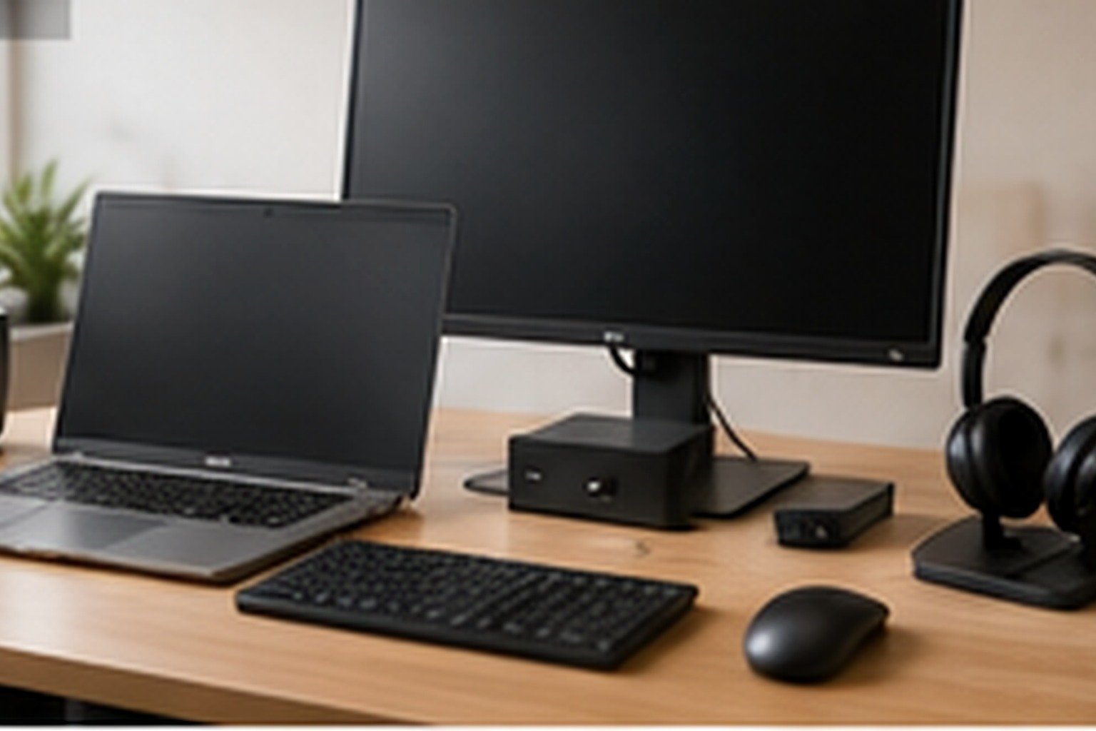 A premium business workstation with laptop, 24 inch monitor, keyboard, mouse and headset on a modern desk, bright professional office, no text.